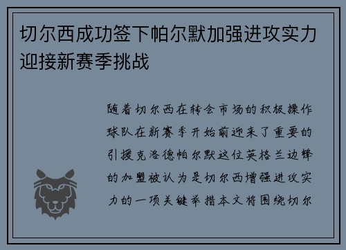 切尔西成功签下帕尔默加强进攻实力迎接新赛季挑战 切尔西成功签下帕尔默加强进攻实力迎接新赛季挑战